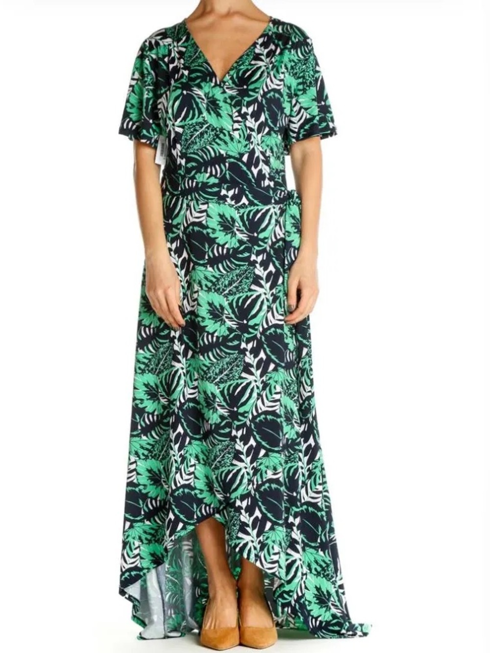 Green Botanical Print Wrap Maxi Dress
